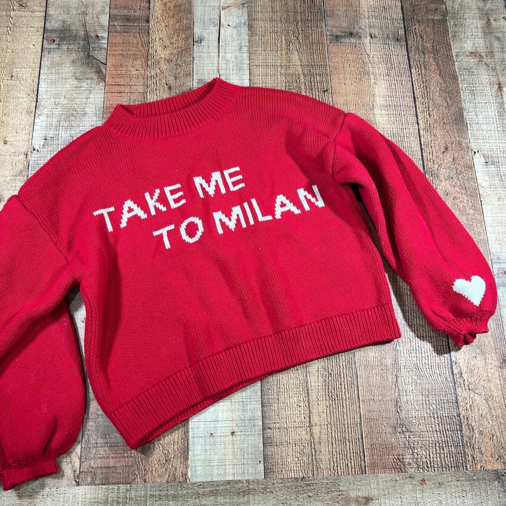 Maeve Take Me To Milan Sweater Small Red Cotton Graphic Balloon Sleeve Anthro